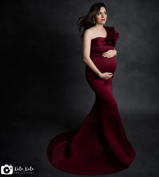 Wine Red One-Shoulder Maternity Gown